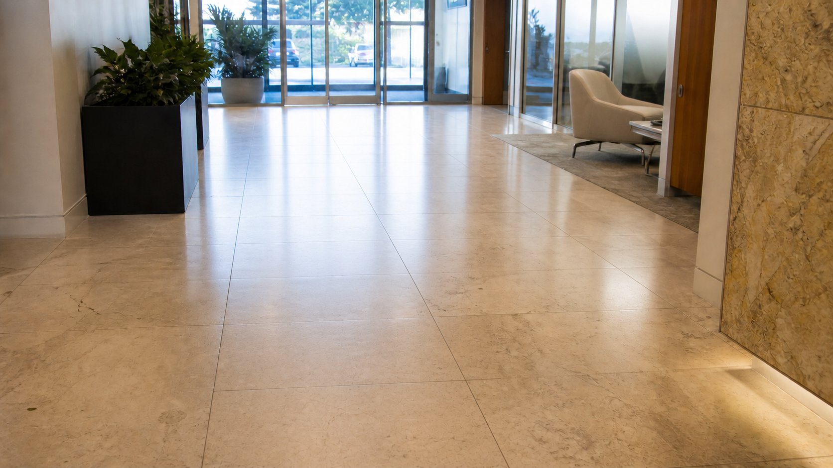 Illustrative commercial lobby after professional floor care
